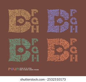 Four vector set of letters made of nature elements patterns, such as Earth, Water, Air and Fire.