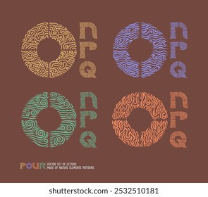 Four vector set of letters made of nature elements patterns, such as Earth, Water, Air and Fire.