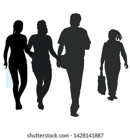Four vector silhouettes of people passing by, walking towards each other, passersby, tourists, shopping.