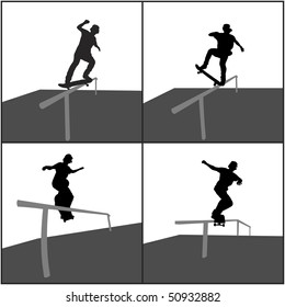 Four vector silhouettes of skateboarders on a rail.