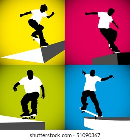 Four vector silhouettes of skateboarders on a curb.