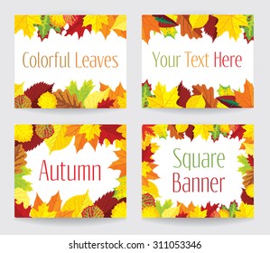 Four vector square banners with autumn leaves, collection of vector illustrations