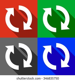 Four vector square icons in red, blue, green and black color shadow with sign reboot