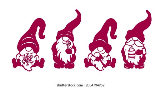 Four vector stencils of gnomes for cutting. Window decoration, gnome protrusion.