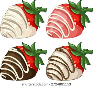 Quatro morangos vetores mergulhados em chocolate branco, escuro e rosa com garoa decorativa