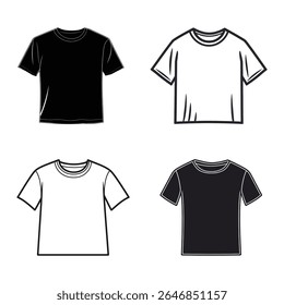 Quatro ícones de camiseta vetorial isolados sobre fundo branco. Renderizações em preto e branco de camisas de manga curta. Design minimalista para modelos de roupas e modelos de moda.