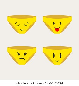 four vector yellow panties with emotion on a white background: funny underpants, positive face sad panties with eyes, mouth smile