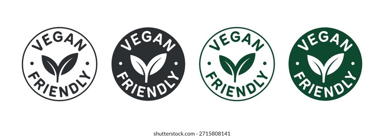 Four vegan friendly badges are presented, each with a leaf icon within a circular, text-based design.