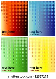 Four versions of a background halftone illustration using distinct gradients and corresponding hues and shades to color dots and cirlces, plenty of copyspace for text