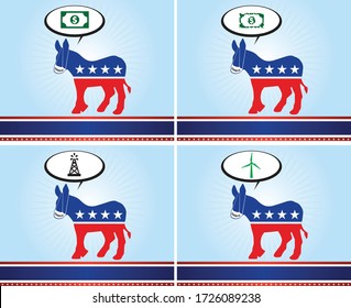 Four versions of the donkey representing the Democratic party regarding environment and energy and economics. Some wearing mask to protect him from the coronavirus or coved-19 virus.