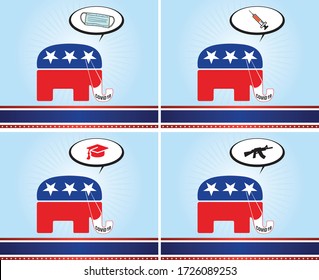 Four versions of the donkey representing the Democratic party. They're wearing mask to protect him from the coronavirus or coved-19 virus. Issues relates to gun rights, education, health, safety.