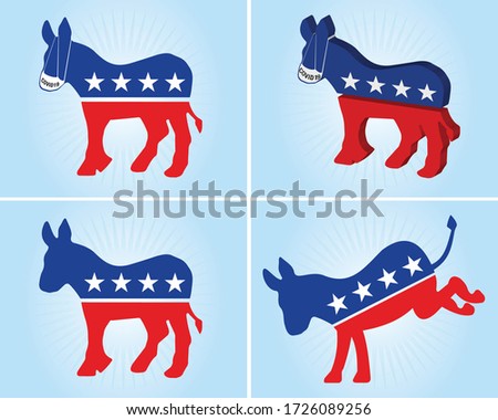 Four versions of the donkey representing the Democratic party. Some wearing mask to protect him from the coronavirus or coved-19 virus.