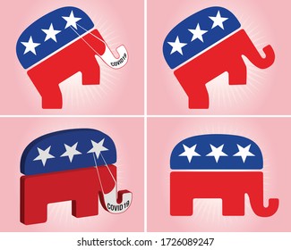 Four versions of the elephant representing the Republican party. Some wearing mask to protect him from the coronavirus or coved-19 virus.