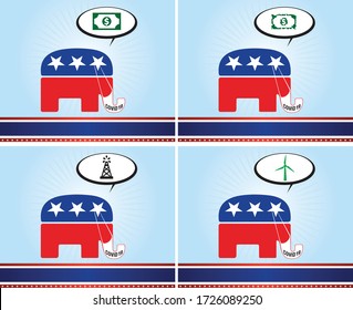 Four versions of the elephant representing the Republican party. They're wearing mask to protect him from the coronavirus or coved-19 virus. Issues relates to energy and economics.