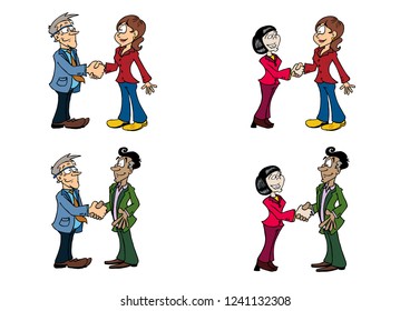 Four versions of handshake illustrations with variations on characters gender, age and cultural background. 