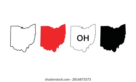 Four versions of Ohio state outline with outline black filled red dotted border and solid black