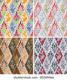 four versions of the old seamless ornament with stylized birds and flowers
