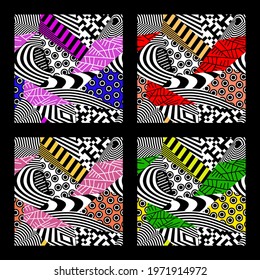 Four versions of the same seamless graphic design with elements of optical illusions. Dynamic abstract black, white and color patterns for textile, packing, cover. Op art, pop art styles. Vector.