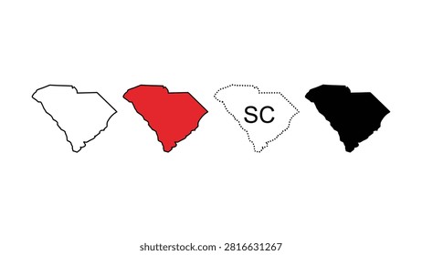 Four versions of South Carolina state outline with different colors and line styles