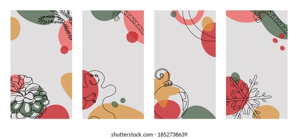 Four vertical backgrouhds with christmas details in a hand drawn linear style with colorful abstract stains. Vector illustration.