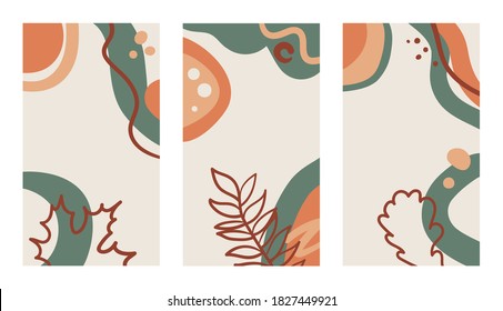 Four vertical backgrounds with autumn leaves in a hand drawn linear style on colorful abstract background.
