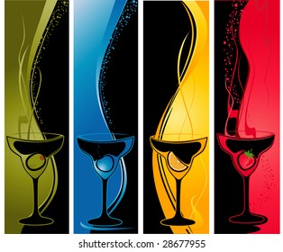 Four vertical banners with cocktail glasses.