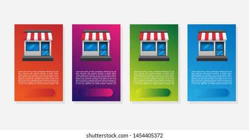 four vertical banners design. web banners with shop building. gradient color.trendy color. modern design.set 