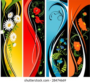 Four vertical banners with flowers.