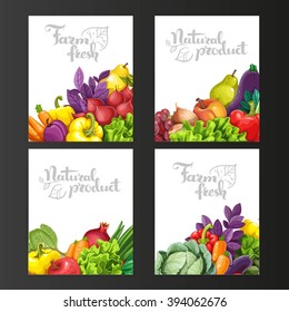 Four vertical banners with fresh fruits and vegetables on a black background