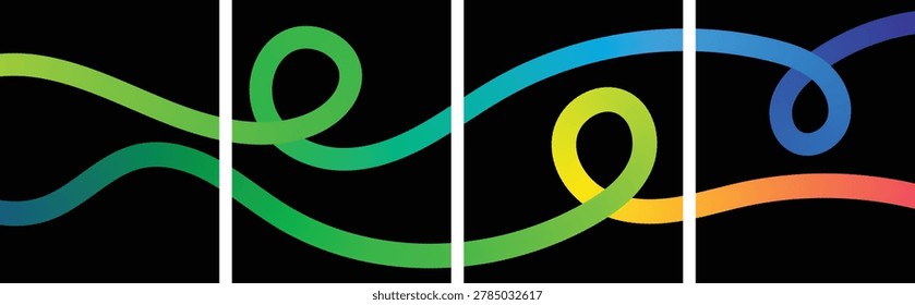 Four vertical black panels featuring a complex, intertwined gradient line with multiple loops and overlapping sections in vibrant colors.