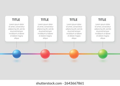 Four vertical boxes with gradient balls below and placeholder text