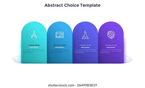 Vier verticale kleurrijke strepen of linten met lineaire pictogrammen en plaats voor tekst binnen. Concept van vergelijking van 4 zakelijke opties. Infographic design template. Vector illustratie voor presentatie.
