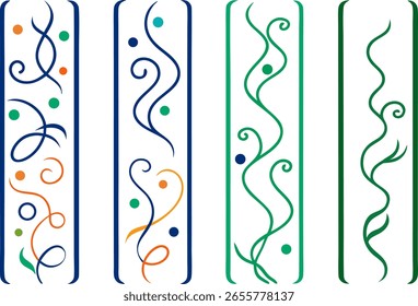 Four vertical decorative borders with swirling lines dots in blue orange green abstract