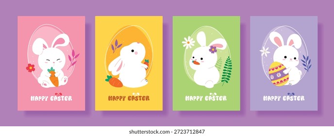 Four vertical Easter greeting cards featuring cute white bunnies, carrots, and decorated eggs framed by egg-shaped outlines on colorful pastel backgrounds.