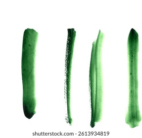 Four vertical green watercolor brushstrokes on a white background