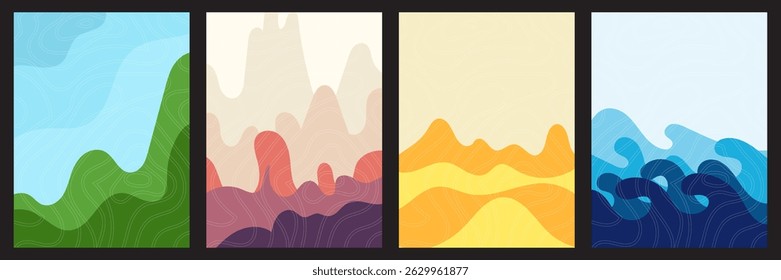 Quatro painéis verticais retratam paisagens estilizadas, colinas verdes, montanhas com tons de terra, dunas amarelas do deserto e ondas azuis no oceano. Cada uma usa linhas em camadas semelhantes a contornos para textura.