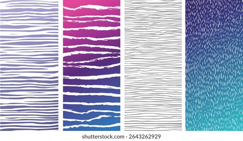 Four vertical panels display abstract horizontal line patterns Each panel features a unique color gradient purple pink gray and blue with white lines creating textured effects