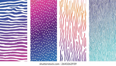Four vertical panels display distinct abstract patterns: horizontal wavy stripes in purple and blue, a dotted gradient in pink and blue, vertical wavy stripes in orange and pink