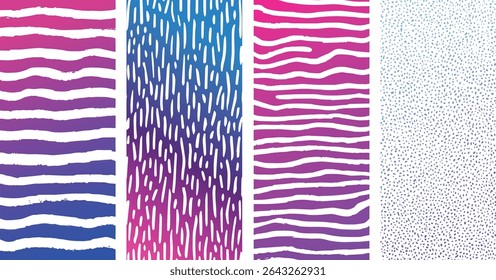Quatro painéis verticais exibem diversos padrões contra planos de fundo gradientes roxo rosa azul branco tons horizontais listras linhas onduladas linhas tracejadas e pontos pontilhados criam texturas variadas