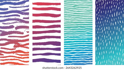Quatro painéis verticais exibem faixas e traços com estilo pintado à mão e gradientes que variam de vermelho a roxo a azul-escuro. O espaço em branco separa as pinceladas coloridas.