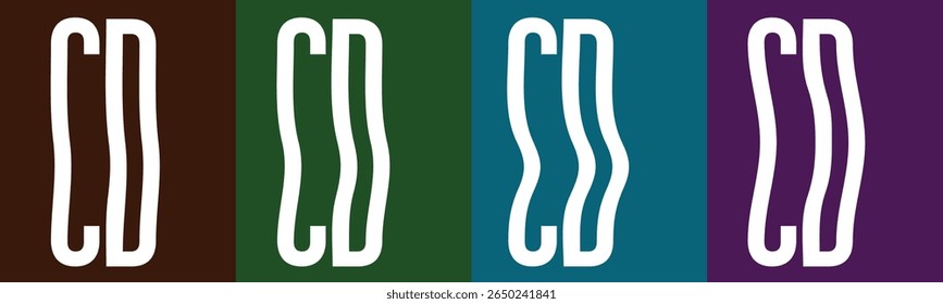 Quatro painéis verticais exibem as letras "CD" em branco. O primeiro painel é marrom, o segundo é verde, o terceiro é azul-petróleo e o quarto é roxo. As letras têm uma aparência ondulada e fluente.