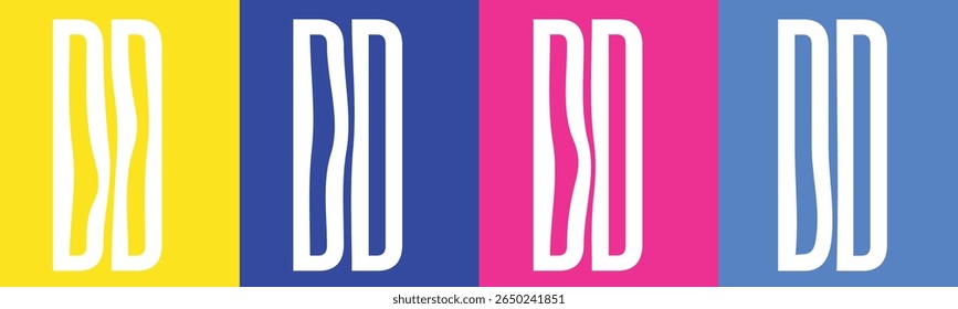 Quatro painéis verticais exibem o mesmo elemento gráfico branco em planos de fundo de cor sólida diferentes. 