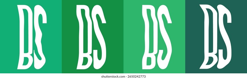 Quatro painéis verticais exibem as mesmas letras abstratas brancas contra diferentes tons de fundo verde. 