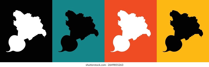 Quatro painéis verticais exibem silhuetas estilizadas de um rabanete. 