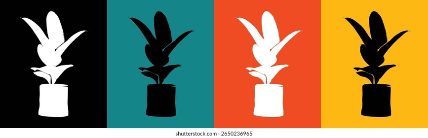 Four vertical panels display stylized silhouettes of a potted plant. 
