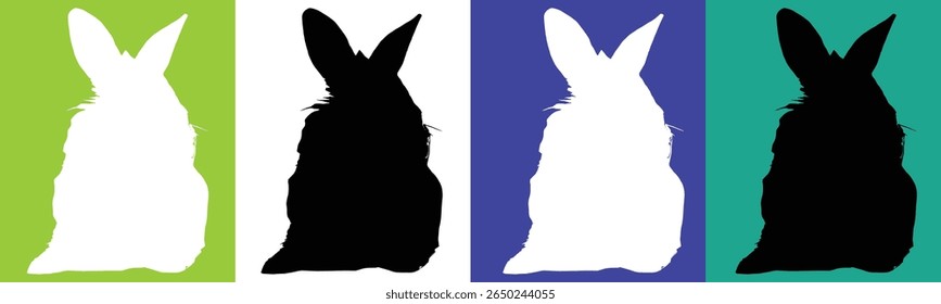 Four vertical panels display stylized silhouettes of a rabbit's head and upper body. 