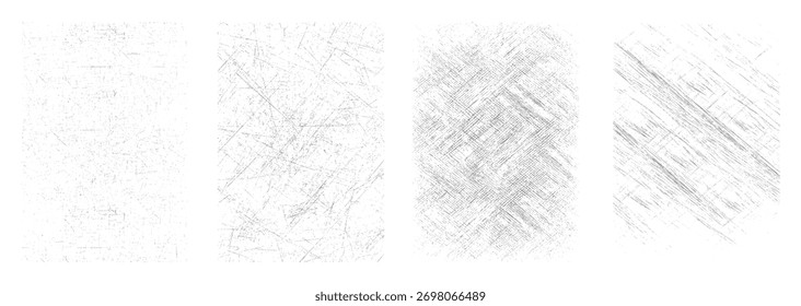 Cuatro paneles de Vertical muestran diferentes grados de texturas grunge con finos arañazos grises y puntos dispersos sobre fondo blanco.