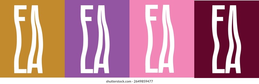 Four vertical panels display the white letters "EA" with a wavy distortion. The backgrounds are solid colors: gold, purple, pink, and burgundy. The letters are large and centered within each panel.