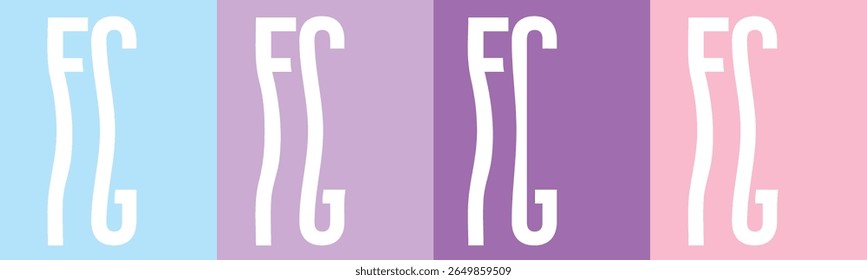 Four vertical panels display the white letters FG. 