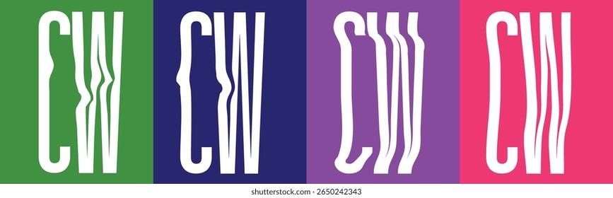 Quatro painéis verticais exibem as letras brancas "CW" em uma fonte estilizada em negrito.